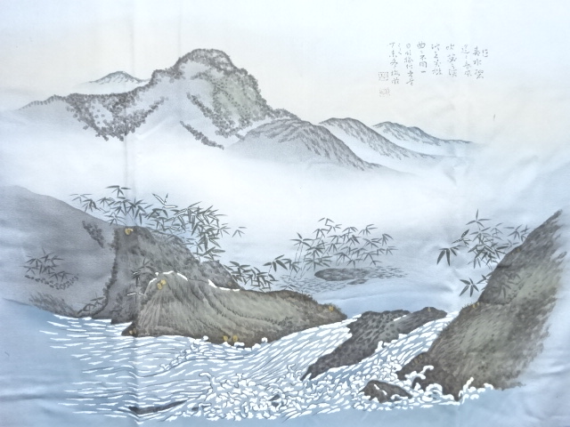 JAPANESE KIMONO / ANTIQUE MENS JUBAN / SILK / SCENERY OF LANDSCAPE